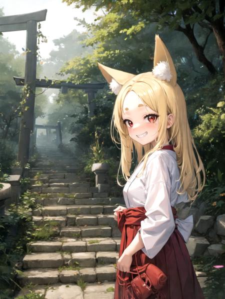 absurdres, highres, cowboy shot, female focus, outdoors, torii, stone stairs, forest,
miko, (red hakama:1.2), hikimayu, forehead, japanese clothes,  red eyes, big eyes, fox ears, blonde hair, long hair, fox tail, looking at viewer, naughty face, grin,  depth of field, 
 <lora:hikimayu_22222_16:1> <lora:LECO_LessWakiMiko:1>