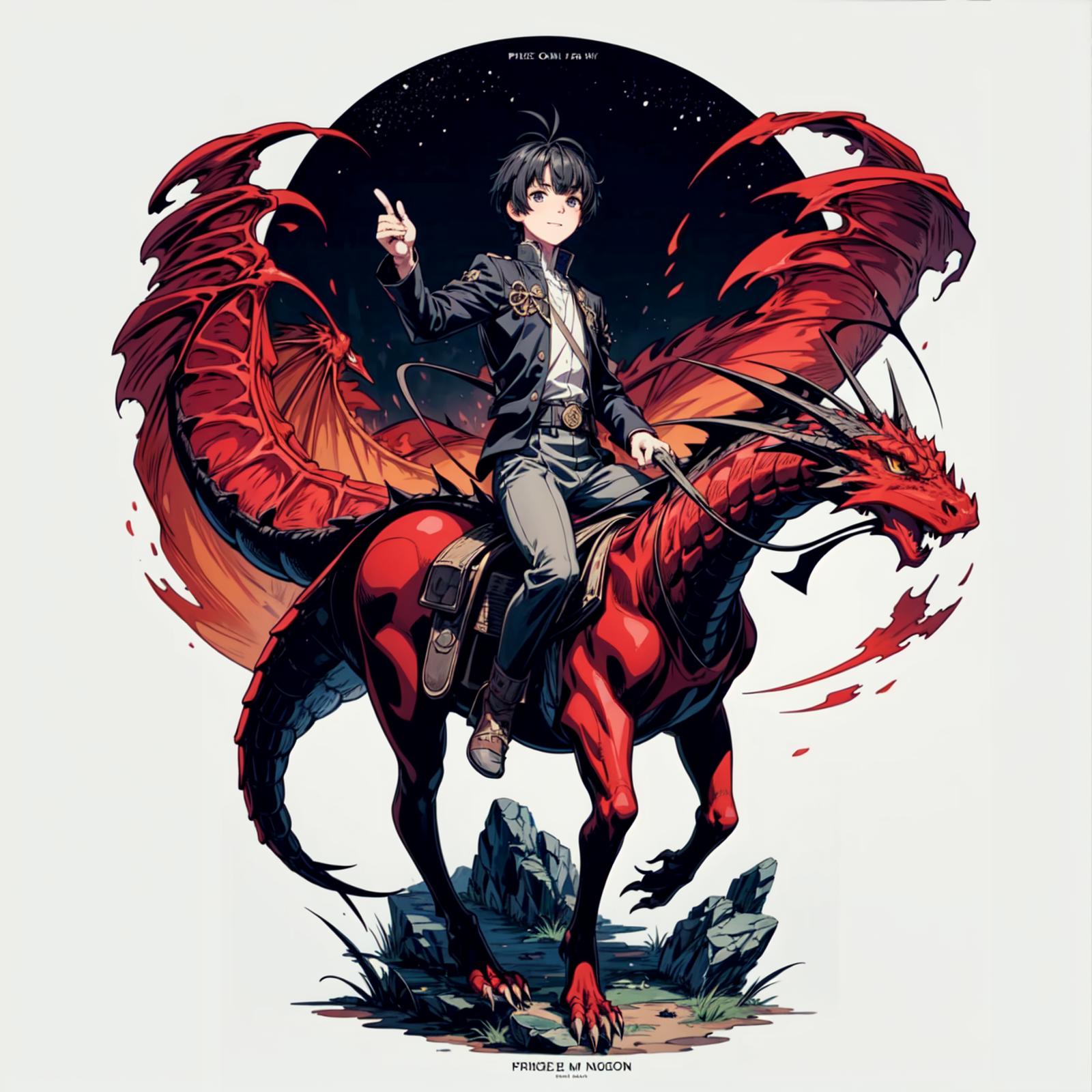 A boy riding a dragon with a sword in his hand.