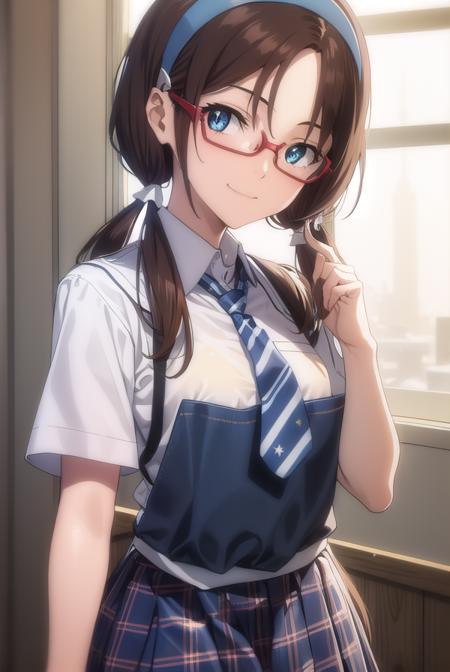 marimakinami, <lora:mari makinami rebuild-lora-nochekaiser:1>,
mari makinami, long hair, brown hair, twintails, (low twintails:1.5), hairband, blue hairband, blue eyes, (parted bangs:1.5), smile,
BREAK skirt, thighhighs, school uniform, pantyhose, necktie, plaid, plaid skirt, shirt, white shirt, collared shirt, short sleeves,  glasses, opaque glasses,
BREAK indoors, classroom,
BREAK looking at viewer, (cowboy shot:1.5),
BREAK <lyco:GoodHands-beta2:1>, (masterpiece:1.2), best quality, high resolution, unity 8k wallpaper, (illustration:0.8), (beautiful detailed eyes:1.6), extremely detailed face, perfect lighting, extremely detailed CG, (perfect hands, perfect anatomy),