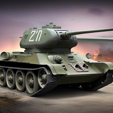 The T-34, one of the most famous Soviet tanks from World War II, thrives in the heat of battle. Its massive hull structure and armor provide protection from enemy shots, allowing it to break through lines of defense. The powerful T-34 gun, accompanied by mobility, ensures effective defeat of the enemy. The tank demonstrates excellent maneuverability and superiority on the battlefield, making it an important element of Soviet military power. Looking ahead, the majestic T-34 continues to show its strength and impenetrability in the hot atmosphere of battle, ((t-34)) <lora:t-34:0.8>