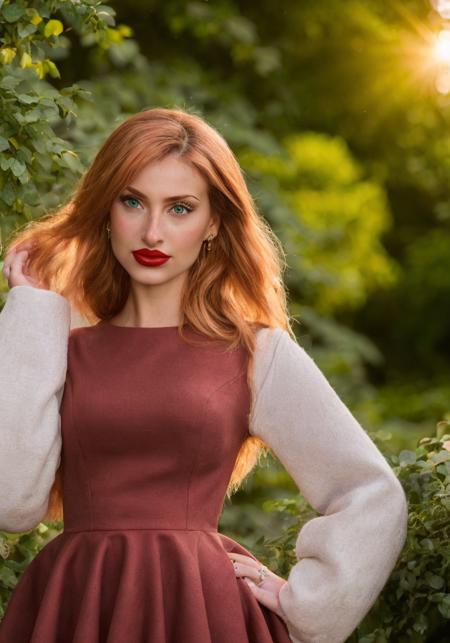 (sharp focus:1.2), photo, attractive young woman, (beautiful face:1.1), detailed eyes, luscious lips, (bold red lip colour:0.85), (medium breasts:1.0), (slim body:1.2), wearing (peplum dress:1.2) in a (botanical garden:1.2). (moody lighting:1.2), depth of field, bokeh, 4K, HDR. by (James C. Christensen:1.2|Jeremy Lipking:1.1).