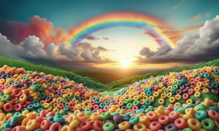 beautiful landscape, photo realistic, epic, cinematic view, beauty of nature, sunset, colorful clouds made of fruit loops <lora:FrootLoopStyle:0.94>