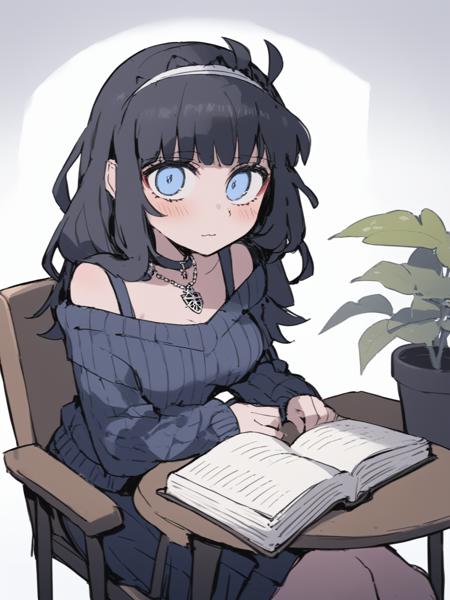 <lora:XL_Helltaker-000009:1>,Helltaker style,1girl, sagisawa fumika, book, solo, off-shoulder sweater, blue eyes, shawl, long hair, jewelry, off shoulder, hairband, black hair, sweater, sitting, skirt, looking at viewer, pendant, necklace, breasts, ribbed sweater, blue skirt, holding, chair, plant, holding book, bare shoulders, medium breasts, bangs, open book, potted plant, long sleeves, masterpiece,best quality