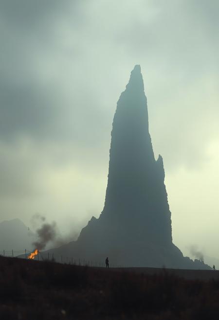 View from lower ground, a tower looms in the distant, the tower is uneven and jagged in a non-natural way, solemn stasis, the silence before the storm, whispers in the dark, epic proportions, dynamic lighting, dust, fire, gloom