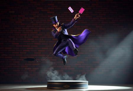 Highly detailed acrobatic magician in dynamic mid-air pose, juggling pink card & black staff, elaborate purple & black costume, on spotlighted stage base, gritty red brick wall backdrop. 4K, Unreal Engine 5, Octane render, dramatic lighting, cinematic, Golden Ratio, Artstation trending, Splash Ink illustration.