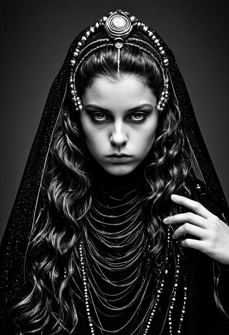 award winning photography  minimalism, long time exposure, desaturated, 35 mm lens NyxBorne style, art by David Fincher. A black and white photo shoot from a portrait camera angle about a portrait photography by Greg Rutkowski and H.R Giger,DB4RZ style painting, aidmansfwunlock, masterpiecehigh-quality, realistic photo of astronaut surfing big wave in space, abstract beauty of magnetic forces visualized in a pure white void, multiple black spheres, their surfaces shimmering with an iridescent sheen, are not merely deformed, but visibly resonating with silent energy pulses emanating from an unseen source below, wearing a black veil and a silver headpiece adorned with beads and jewelry. she has a serious expression and is looking directly at the viewer, with her right hand resting on her finger.18 years old, flat chest, petite, contrapposto, wavy hair, , film grain,