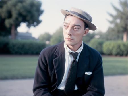 <lora:Buster Keaton-1.0b_fro0.9:1.0> buster keaton, colorized photo, sitting on stool, wearing a yellow jacket, sharp, realistic, 4k, film grain, bokeh, side view