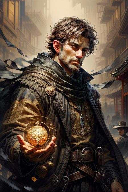 score_9, score_8_up, 8, score_7_up, solo,  
fantasy style, masterpiece, 8k, dynamic pose, 20 y.o, <lora:Fantasy_Classes_SD:1>,
<lora:Fantasy_Classes_SD:1>, (sorcerer)), bara, mature, facial hair, ((ecological landscape, golden low-fade, __eye-color eyes__, curious, pagoda)), masterpiece, highly detailed face and skin, hyperrealistic, male only, bara, mature, stubble, handsome, male focus, light particles, real light and shadow, (((cowboy shot, exercising))), <lora:style_adddetail:.7> <lora:style_deluster2:-.4><lora:style_hotarublurbk_v100:1>
BREAK
(EyesHD:1.2), (4k,8k,Ultra HD), masterpiece, best quality, ultra-detailed, very aesthetic, sharp focus, depth of field, ray tracing, best lighting, detailed illustration, detailed background, cinematic, 
BREAK 
detailed background, dynamic action image,
BREAK
oil painting, BadDream, negative_hand, NEG_EMBED_STABLE_YOGI_V3, FastNegativeV2, AissistV2
(detailed:1.3), (sharp focus:1.1), medieval style, (expressive face:1.2),,