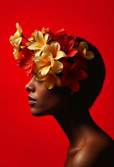 Create an image of a person’s profile against a solid red background. The person’s head is adorned with flowers, creating a contrast between the natural elements and the bold, monochromatic backdrop. The face is intentionally obscured to draw focus to the composition and the interplay of color and form. Their eyes are shadowed. Harmonious artistic color schemes are present.