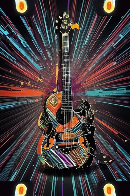 Create a striking abstract collage using vibrant cutout images of musical instruments. Blend them together in an unusual way with glitch effects.