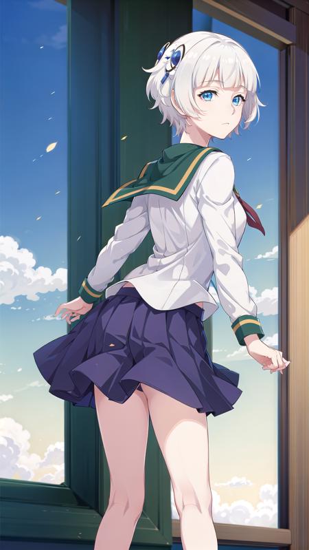 masterpiece, best quality,1girl, solo, <lora:MeteoraLoRA-000008:0.6>, close up, meteoraReCreators,creative outfit, short hair,scenery background, scenery,indoors, bored, skirt, school uniform, white hair,