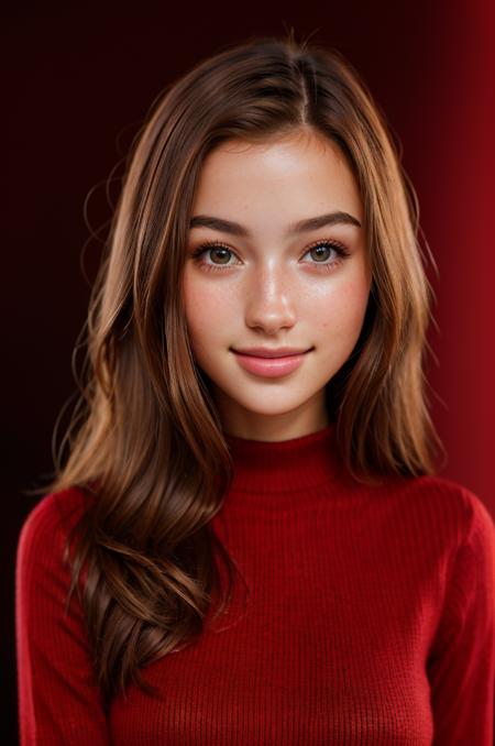 award-winning, professional headshot photo of beautiful ol1v1acasta beaming smile, skin pores, with sparkly (brown eyes), (freckles:0.6), wearing a (red sweater:1.2), looking at viewer, a woman as a movie star, (simple background:1.4), dark moody ambiance, (masterpiece:1.2) (photorealistic:1.2) (bokeh) (best quality) (detailed skin:1.2) (intricate details) (nighttime) (8k) (HDR) (cinematic lighting) (sharp focus), (looking at the camera:1.1), (closeup portrait:1.1), hyperrealistic photography, photographed on a Sony a9 II Mirrorless Camera, 50mm prime lens, F/1.4, (highly detailed), cinestill 800, 8mm film grain, dynamic angle, (long ginger hair)