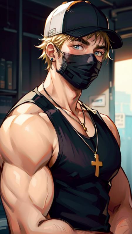 1boy, male focus, solo, mask, mouth mask, bara, muscular, tank top, muscular male, hat, jewelry, pectorals, necklace, black tank top, upper body, looking at viewer, thick eyebrows, blonde hair, short hair, baseball cap, cross, large pectorals, cross necklace, Best quality, masterpiece, ultra high res, (photorealistic:1.4), 8k, intricate, elegant, highly detailed, majestic, digital photography,