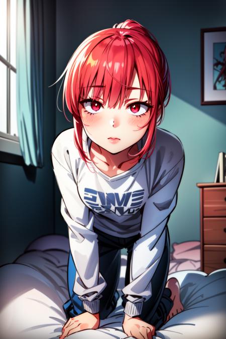 (best quality:1.2), 1girl, (masterpiece:1.2), raytracing, cute face, perfect face, ultra detailed,detailed face, 8k wallpaper, (wide hips:0.8), <lora:more_details:0.5>, KobayashiDragonMaid_NDV, 1girl, red hair, small breasts, ponytail, red eyes, sweatshirt, pants, <lora:KobayashiDragonMaid_NDV:0.7>, indoor, bed, after sleep, kneeling