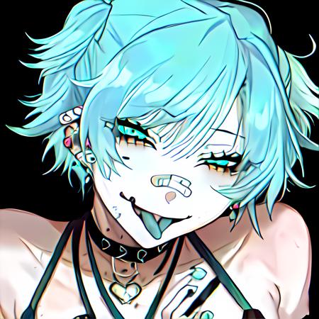 <lora:kuroumemodoki-style-09:1>,1girl, cyan hair, medium hair, earrings, piercings, bandaid, tongue