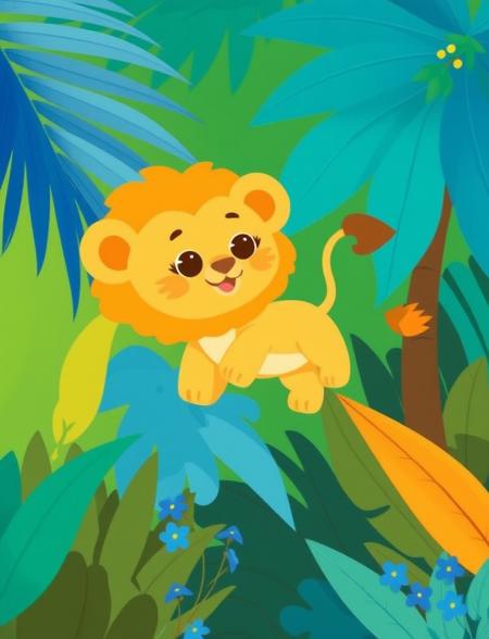 This is a vibrant digital illustration featuring a cute, cartoonish lion cub floating in mid-air against a lively jungle backdrop. The cub, with a bright yellow mane and tail, has a whimsical smile and large, round eyes. Its skin is pale tan, and it sports small, delicate paws and feet adorned with dark brown pads. Surrounding the cub are large, leafy foliage, and tall palm leaves in vivid shades of blue, green, and teal, interspersed with small, blue flowers. The background combines a variety of green tones.

high quality, best aethestic, best composition