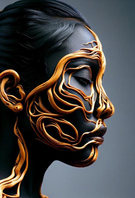 PG-TR,(film grain),ultrarealistic 4k,photoart_style, vivid, minimalist, beautiful black face, golden make-up,side view profile,realistic, Wide angle lens, high contrast, dark black tone,Cinematic Lighting, movie-level texture, hand-painted details, epic, meticulous,perfect composition, dynamic play of light, rich colors, epic shot, perfectly quality, natural textures,high detail, photoshadow, (natural colors, correct white balance, color correction, dehaze),(intricate detailed), YurYuna