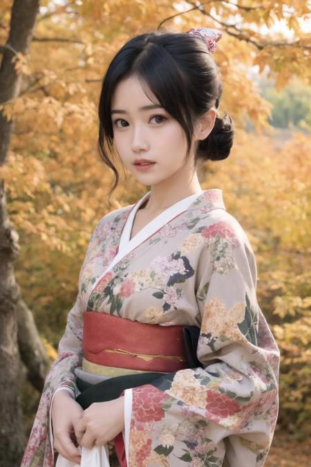 1girl,looking at viewer,flowers,black hair,brown eyes,standing,photorealistic,(half-body),best masterpiece,Ultra high resolution,ultra detailed details,(print_kimono:1.3),(in autumn:1.2),(scenery:1.2),