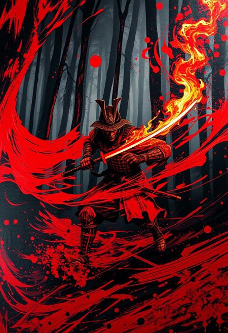 A hyper-stylistic, extremely detailed image depicts a breathtaking painting, crafted from a combination of smeared red and black metallic paint. A charging samurai holding a burning katana in a forest at night is captured in a streaked motion, as if it is moving rapidly in one direction. The red paint is applied in bold, dynamic strokes, creating a sense of energy and movement that is contrasted beautifully by the black accents. The black paint is used to highlight the forest's and samurai's features, adding a sense of depth and dimensionality to the image. The overall effect is one of breathtaking, surreal dynamism, as if the viewer has captured a fleeting moment in time. Every detail of the image is meticulously crafted, from the delicate, swirling patterns of the red paint to the intricate, textured patterns of the black paint. The contrasts between light and dark, color and texture, create a sense of tension and energy that draws the viewer in, inviting them to explore the kinetic world of the painting. highest-Quality, intricate details, visually stunning, Masterpiece
