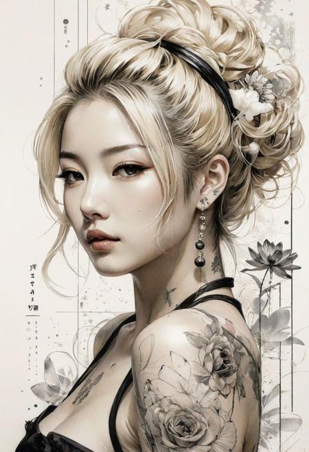 masterpiece, japanes poster style, trash-polka tattoo, blonde, sketch, minimalism, pencil drawing, clear lines, delicate ornament, Daeni Pino, Jeremy Mann