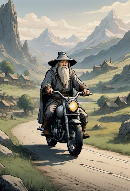 gandalf on a motorcycle and waving his hand in middle_earth scenery LOTR lord of the rings landscape