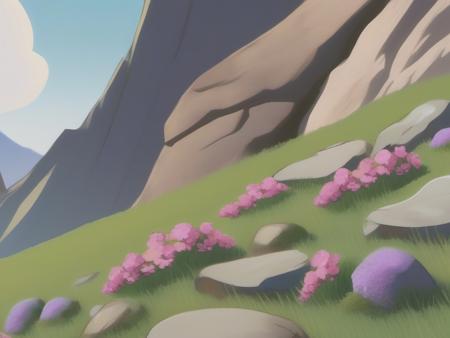 close up,  Rock pile on valley slope, flowers mixed in with the grass   <lora:SDXL Cartoon Background:1>toonbg_background