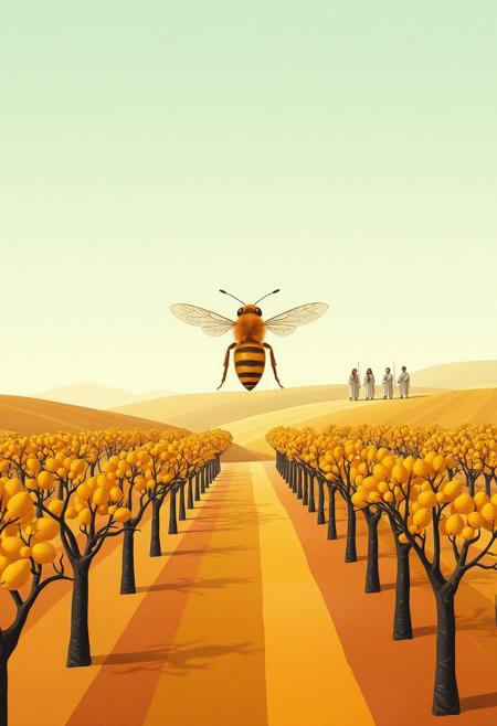 A golden bee hovers in a surreal orchard of abstracted fruit trees, their trunks arranged in mathematically perfect rows. The landscape rolls gently with stylized hills, each one painted in soft pastels and lined with elegant contours. The bee glides mid-frame, its wings frozen in a graceful motion, its body glowing with warm bronze and ivory tones. In the distance, faceless shepherd-like figures in flowing tunics gaze skyward, seemingly unaware of the bee’s sacred passage. The entire composition is framed in a fresco-like elegance, with flattened perspective and ornamental harmony. The light is cool yet luminous, casting a timeless aura over the landscape. The bee becomes a central motif in a world suspended between harmony and melancholy, its presence profound and poetic.
