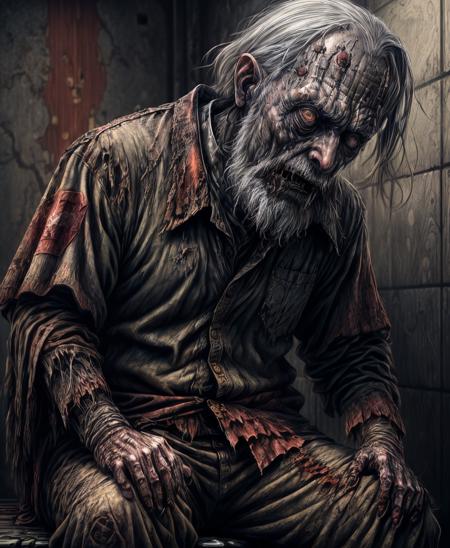 <lora:Zombies Rotting:1> (Creepy zombie the old man is 70 years old extremely sad crying, sitting low with his legs folded in prison, rusty shackles:1.24) / Best quality, extremery best quality, masterpiece, realistic, intricate details, photorealistic, extremely intricate, highres, ultra highres, ultra detailed, ultra-detailed, absurdres, incredibly absurdres, extremely detailed, high quality, high resolution, hyperrealistic, ultra-realistic, hyper-detailed, top quality, best, fine detail, massive detail, Highly detailed, extreme detailed, highest detailed, high-res, absolutely resolution, reflection, refraction, hyperrealism / post-apocalypse, brutalism, gloomy atmosphere, dramatic, fantastic, deafening, epic / <lora:Add More Details:1>  <lora:SXZ NIJI:0.30>  <lora:JorCraf2V:0.30>