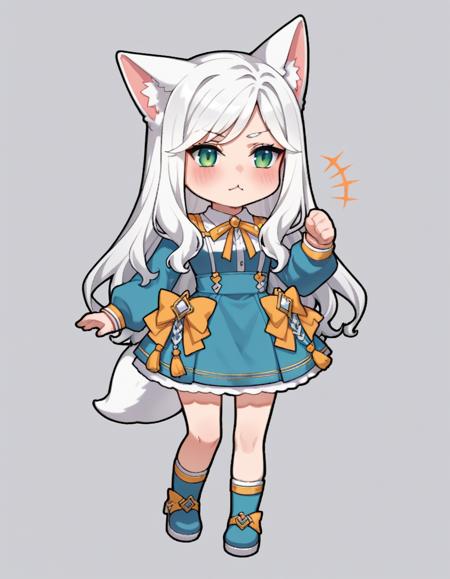  white hair, white fox ears, parted bangs, long hair, swept bangs, long side bangs, green eyes, hatch blush, white fox tail, empty eyes,