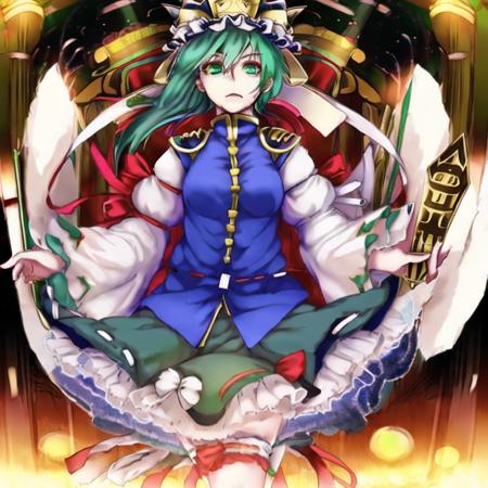 1girl, Eiki Shiki green hair, blue dress, wearing a hat <lora:Eiki Shiki:1> holding the rod of remorse