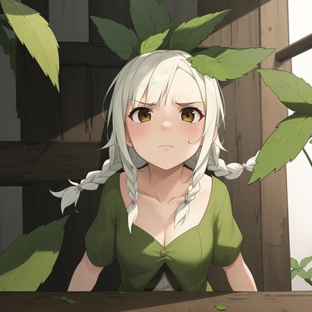 (masterpiece, best quality:1.1), (mxnt, 1girl:1.15), twin braids, solo, mint leaves, white hair, leaf dress, irritated, looking up