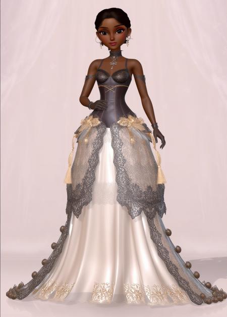 3d Princess, masterpiece full of details. This is a digital art image featuring a tall, dark-skinned, African American model wearing an intricate, Victorian-era styled gown with a black lace bodice, gold embellishments, and a long, flowing ivory skirt adorned with delicate embroidery. The model's hair is pulled back, and she stands confidently against a lavender and pink floral-patterned backdrop. The elaborate dress showcases a blend of modern and historical fashion. The image captures the richness and detail of the garment, contrasting with the model's sleek, dark limbs.,dreamy atomospher