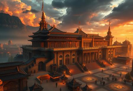 Mournhold and Theed Naboo with Ming-era Chinese and Joseon-era Korean influences. Featuring Vivec Canton and Vivec's Palace from Morrowind. Ultra-realistic, epic composition, highly detailed. Dramatic and atmospheric urban landscape inspired by the Marin County Civic Center and Plaza de Espana, reimagined by Industrial Light & Magic. Royal Palace of Caserta. 4K resolution, post-processed for fantasy city posters and wallpapers.