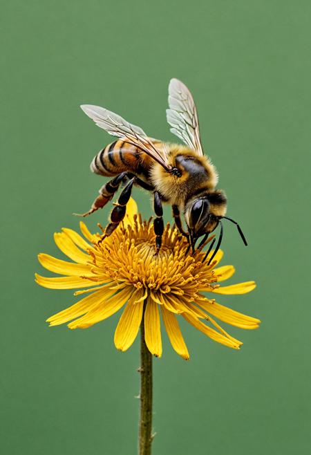 ward-winning, hyper realistic photography by Petrina Hicks, a bee on a dried flower, even green background, everything is hyper realistic