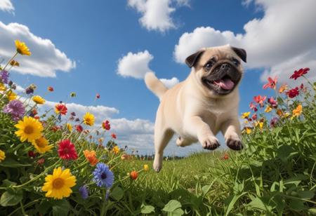 Highly detailed photograph of a pug puppy leaping through the air above a field of colorful flowers. Side view. Floppy ears, floppy tongue, big eyes, very cute, very happy, joyful. Blue sky with fluffy clouds. Bright sun, (god rays).