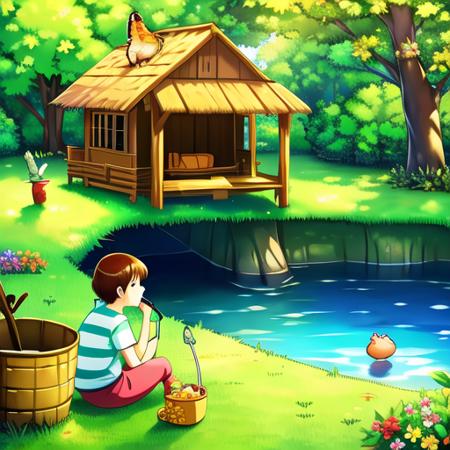 (masterpiece:1.2), best quality, masterpiece, highres, original, extremely detailed wallpaper, perfect lighting,(extremely detailed CG:1.2), drawing,1girl, against tree, apple, basket, bench, bird, bridge, brown hair, bug, bunny, bush, butterfly net, christmas tree, cloud, clover, dandelion, dappled sunlight, day, deer, dirt, fence, field, fireflies, flower field, foliage, food, forest, four-leaf clover, fruit, garden, grass, hammock, hand net, hiding, hill, hose, house, in tree, jungle, ladybug, lake, log, moss, mountain, multiple boys, mushroom, nature, on grass, on ground, open mouth, orange \(fruit\), outdoors, park, park bench, path, picnic, picnic basket, pine tree, plant, pond, river, road, shade, shirt, sitting in tree, sky, sleeping, squirrel, stream, striped, striped shirt, tent, tomato, tree, tree shade, tree stump, umbrella, under tree, wading pool, waterfall, wooden fence, <lora:picture_book:0.6>