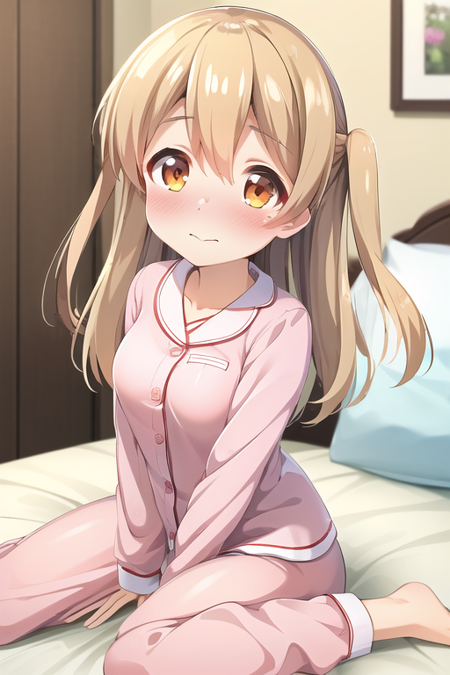 (masterpiece), (high quality:1.4, best quality:1.4), upper body, bedroom, bed, sitting, on bed, wariza, 1girl, blonde hair, orange eyes, closed mouth, blush, embarrassed, pink, pajamas, medium breasts, minagi koharu