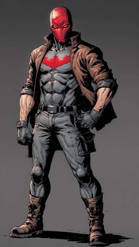 rhdc a man, red helmet, brown leather jacket, gray skintight suit, gloves, belt, boots,