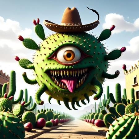 prickly, style <lora:prickly_pear_style_v2:1> prickly, pear, style,  <lora:Magic_Creatures_Beholders_V2_SDXL1.0:1> tentacles, beholders, bhv2, monster, teeth, fangs, eyes on tentacle tip, extra eyes, sharp teeth, open mouth, one-eyed, a beholder made of pricky pear wearing a Mexican hat in a Mexican desert town,  he has a moustache