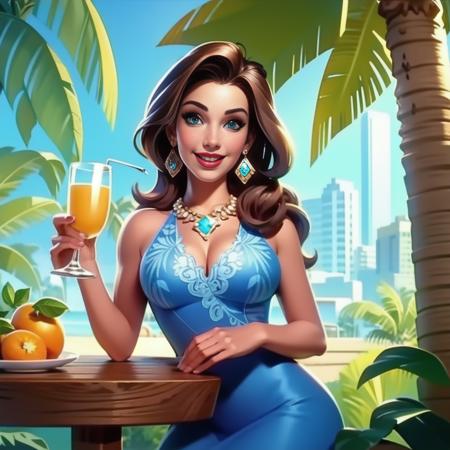 European and American cartoons, art illustrations, 1girl, jewelry, brown hair, earrings, solo, tree, smile, long hair, outdoors, food, necklace, day, dress, breasts, cup, fruit, blue eyes, palm tree, orange (fruit), medium breasts, holding, cleavage, looking at viewer, sky, table, lips, drinking glass, parted lips<lora:ouka_illustration:1>