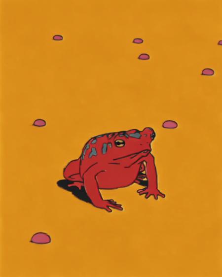 a red frog sitting on top of a yellow surface , solo, simple background, full body, yellow eyes, no humans, yellow background, orange background, animal focus <lora:Wake_Up_sdxl:0.85>