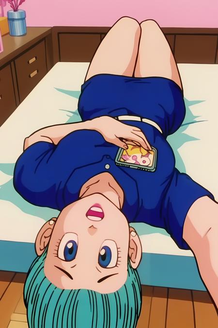 bulma, aqua hair, blue eyes,