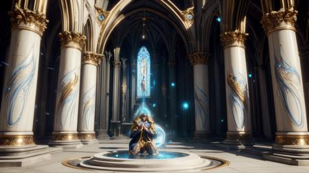 RAW Photo of orokintech (style-swirlmagic:0.8), focus on character, portrait, looking up, solo, upper body, detailed background, detailed face, (<lora:DecorationBundlev2:0.6> EbonyGoldAI theme:1.1) holy prophet, gentle expression,  blue cross symbols, halo above head,  kneeling, praying, symmetrical composition, cathedral, altar,  divine aura,    stained glass, floating particles,  filigree, swirling lights emanating, urn,  basin of holy water,  majestic atmosphere, medieval high fantasy style, gold,   updraft,, smooth, gold, scifi <lora:OrokinTech-20:1><lora:add_detail:0.6> <lora:LowRa:0.2>, (Masterpiece:1.3) (best quality:1.2) (high quality:1.1), complementary colors,film lighting,fine details,concept art,lens flare,dappled light,unreal engine,sharp shadows,fantastical,film still from
