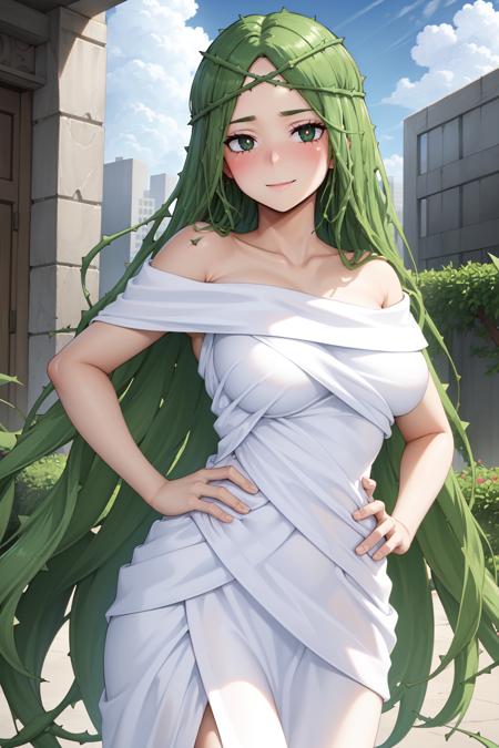 Ibara, 1girl, solo,   black eyes, black pupils, looking at viewer, closed mouth, breasts, large breasts, hourglass body,  cowboy shot, dress, bare shoulders, blush, (plant girl:1.3), white dress, collarbone,hands in hips, smile, off shoulder,  outdoors, day, clouds, school, buldings, sunshine, city, green hair, very long hair, (thorns hair:1.2), 
 <lora:Ibara:0.8>