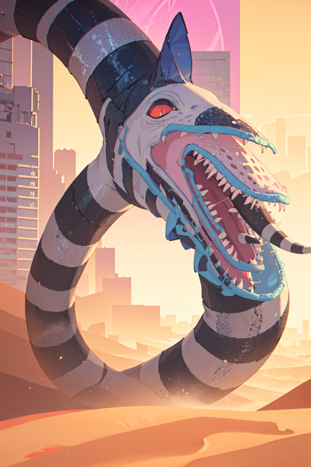 <lora:beetlejuiceSandy:.75>(masterpiece, best illustration),  sammie sandworm, (no humans),open mouth, tongue, teeth, snake, summer time, vaporwave,  synthwave, city punk, sci-fi city, dust, in the Sahara desert, rim lighting, side lighting, (best anatomy),  (dynamic angle),pov