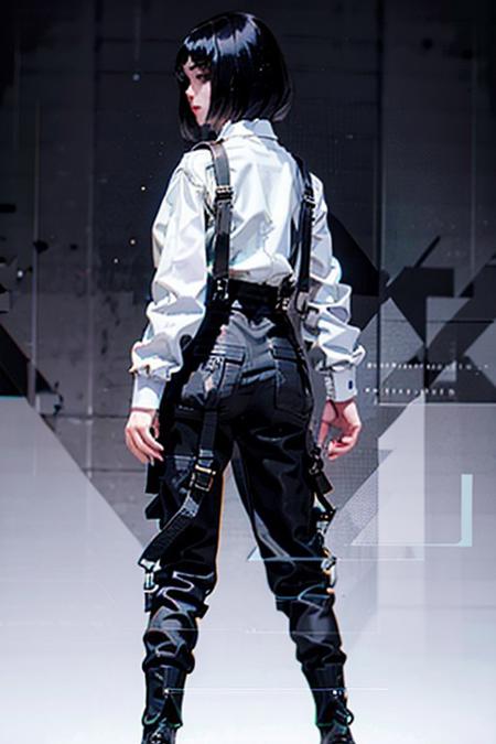 best quality, (photorealistic:1.4), 1girl, (black shirt:1.2),  (grey long pants:1.2),(white suspenders:1.4), perfect female figure, full body, from back, white background, short hair, slim