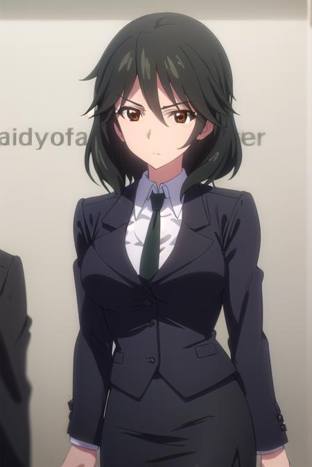 chifuyuorimura, <lora:chifuyu orimura s2-lora-nochekaiser:1>,
chifuyu orimura, long hair, bangs, black hair, hair between eyes, (brown eyes:1.3),
BREAK skirt, shirt, long sleeves, jacket, white shirt, necktie, black skirt, black jacket, formal, suit, black necktie, pencil skirt, skirt suit,
BREAK indoors, classroom,
BREAK looking at viewer, (cowboy shot:1.5),
BREAK <lyco:GoodHands-beta2:1>, (masterpiece:1.2), best quality, high resolution, unity 8k wallpaper, (illustration:0.8), (beautiful detailed eyes:1.6), extremely detailed face, perfect lighting, extremely detailed CG, (perfect hands, perfect anatomy),