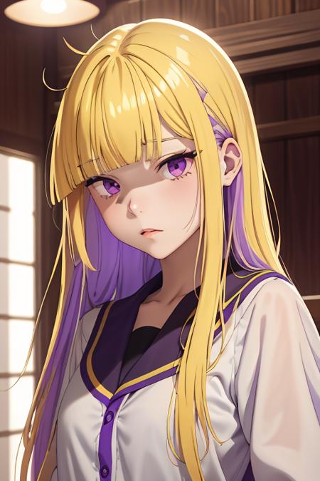 ReimiItsushiro 1girl blonde hair long hair bangs purple eyes blunt bangs sidelocks purple colored inner hair