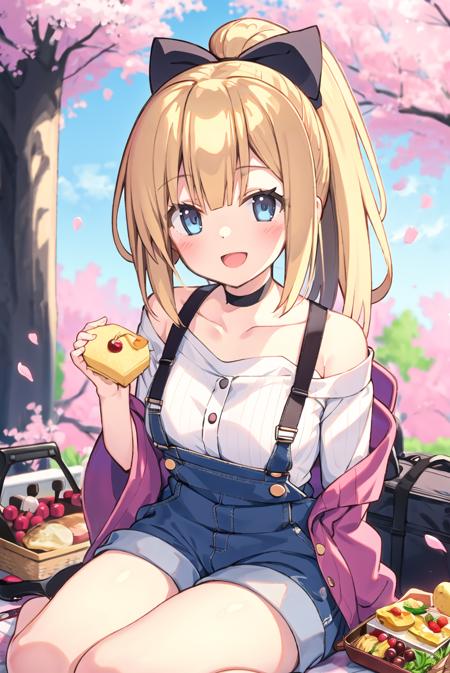 <lora:zoirun:1>1girl, picnic, solo, sitting, smile, shirt, outdoors, petals, food, striped, omelet, bento, collarbone, yokozuwari, holding, blush, day, bangs, ribbon, overalls, hanami, :d, suspenders, ponytail, choker, bow, tree, feeding, open mouth, cherry blossoms, looking at viewer, striped shirt, long hair, polka dot, blonde hair, off shoulder, polka dot bow, overall shorts, purple eyes, blue eyes, bare shoulders, off-shoulder shirt, incoming food, hair bow