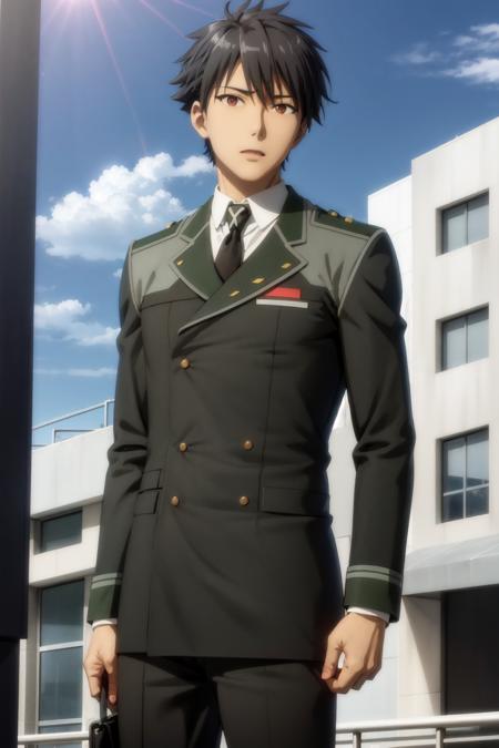 (realistic:1.2), kisaragi hayato\(hundred\), solo, looking at viewer, short hair, bangs, black hair, 1boy, hair between eyes, male focus, necktie, sky, day, sun, sunlight, cloud, military, military uniform, cellphone, hand in pocket